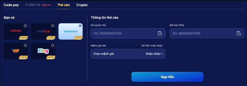 Hướng Dẫn Chi Tiết Nạp Tiền DV88 Để Trải Nghiệm Cá Cược 3 Nạp tiền qua thẻ cào