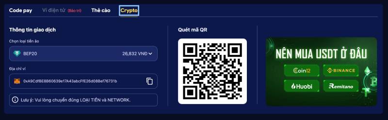 Hướng Dẫn Chi Tiết Nạp Tiền DV88 Để Trải Nghiệm Cá Cược 4 Nạp tiền qua tiền điện tử (Crypto)